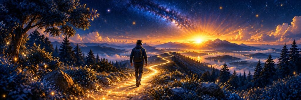 Caminatas filosofales: persona con audífonos en un sendero luminoso entre montañas azules
