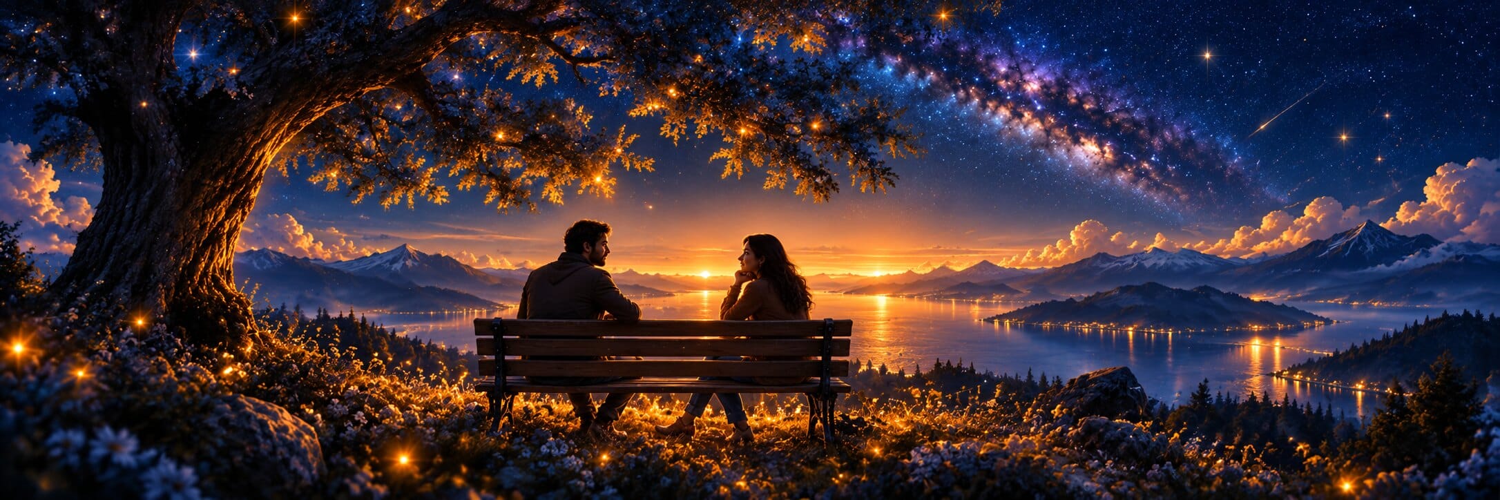 Entorno y conversaciones conscientes: dos personas conversando en un parque azul y naranja
